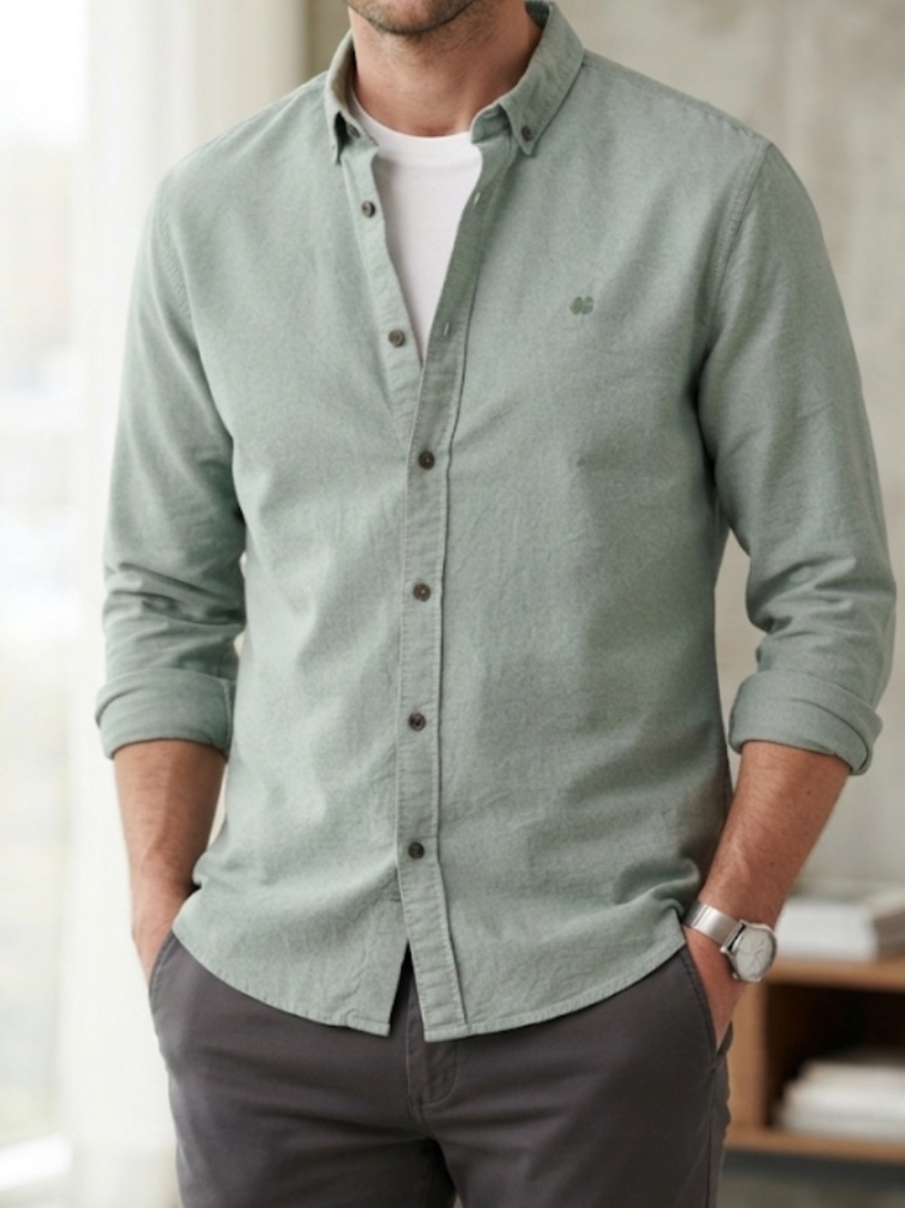 AMBIG Cotton Button Down Shirt Green 2XL